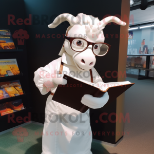White Boer Goat mascot costume character dressed with a Bodysuit and Reading glasses