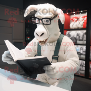 White Boer Goat mascot costume character dressed with a Bodysuit and Reading glasses