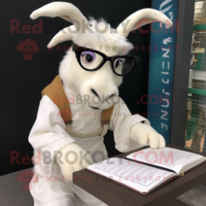 White Boer Goat mascot costume character dressed with a Bodysuit and Reading glasses