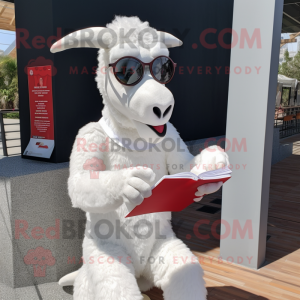 White Boer Goat mascot costume character dressed with a Bodysuit and Reading glasses