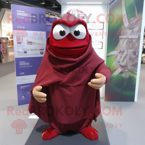 Maroon Frog mascot costume character dressed with a Hoodie and Shawl pins