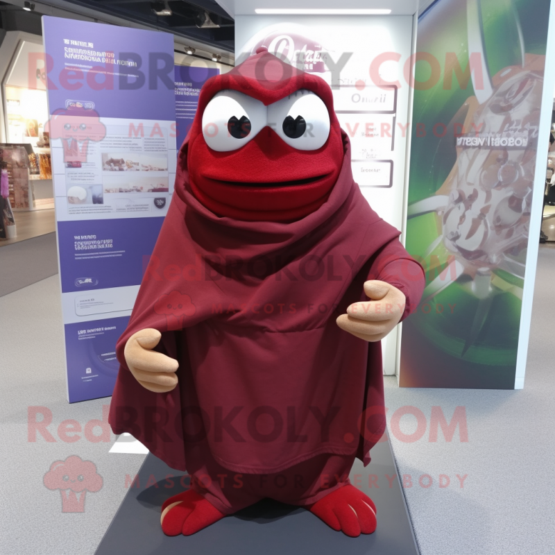 Maroon Frog mascot costume character dressed with a Hoodie and Shawl pins Maroon Frog mascot costume character dressed with a Hoodie and Shawl pins