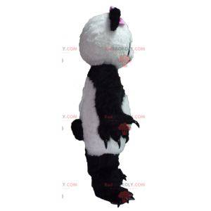 Schwarzweiss-Panda-Maskottchen mit einer rosa Schleife -