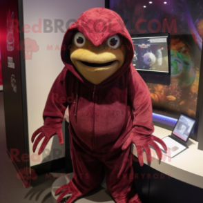 Maroon Frog mascot costume character dressed with a Hoodie and Shawl pins