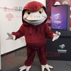 Maroon Frog mascot costume character dressed with a Hoodie and Shawl pins