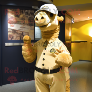 Gold Camel mascot costume character dressed with a Baseball Tee and Tie pins