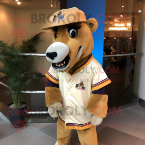 Gold Camel mascot costume character dressed with a Baseball Tee and Tie pins