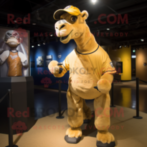 Gold Camel mascot costume character dressed with a Baseball Tee and Tie pins