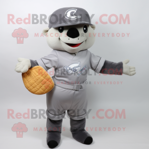 Gray Croissant mascot costume character dressed with a Baseball Tee and Caps