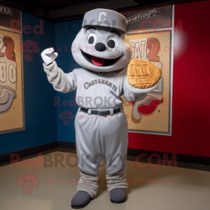 Gray Croissant mascot costume character dressed with a Baseball Tee and Caps
