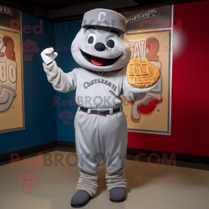 Gray Croissant mascot costume character dressed with a Baseball Tee and Caps