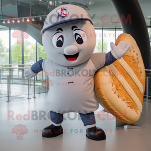 Gray Croissant mascot costume character dressed with a Baseball Tee and Caps