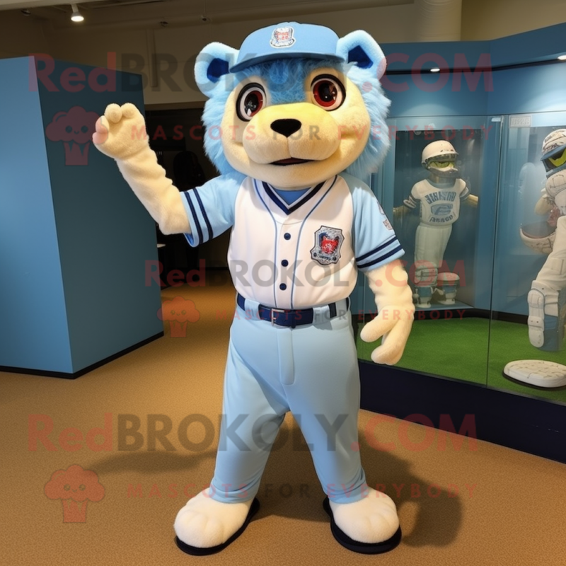 Sky Blue Lion mascot costume character dressed with a Baseball Tee and Cummerbunds