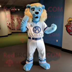 Sky Blue Lion mascot costume character dressed with a Baseball Tee and Cummerbunds