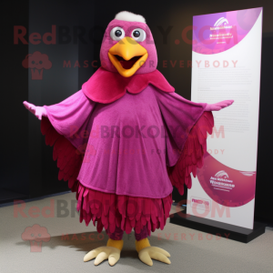 Magenta Hens mascot costume character dressed with a Midi Dress and Shawl pins