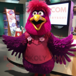 Magenta Hens mascot costume character dressed with a Midi Dress and Shawl pins