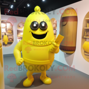 Yellow Grenade mascot costume character dressed with a Sheath Dress and Belts