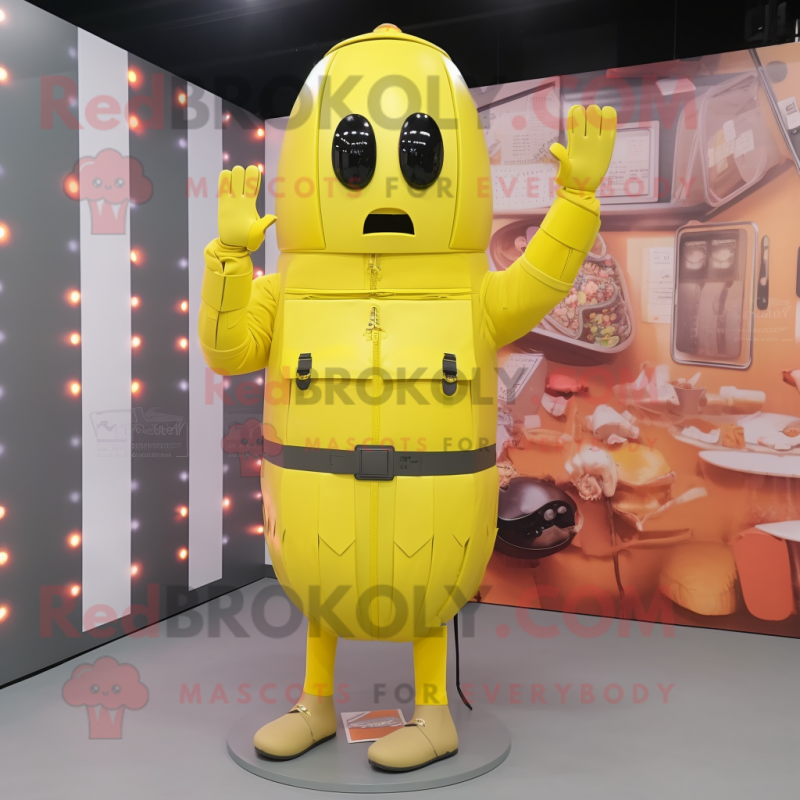 Yellow Grenade mascot costume character dressed with a Sheath Dress and Belts Yellow Grenade mascot costume character dressed with a Sheath Dress and Belts
