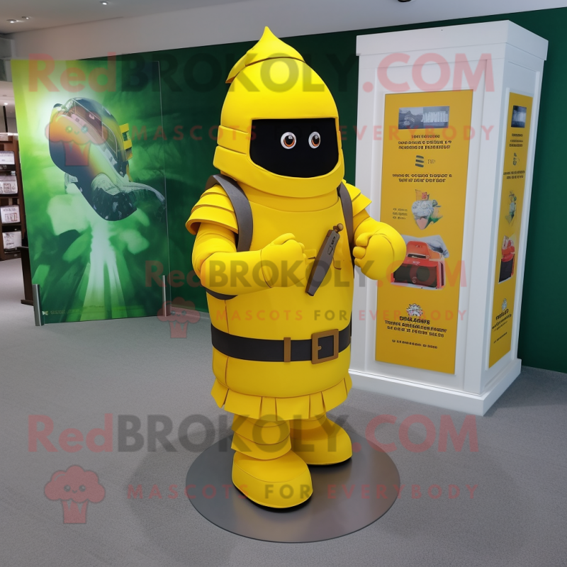 Yellow Grenade mascot costume character dressed with a Sheath Dress and Belts