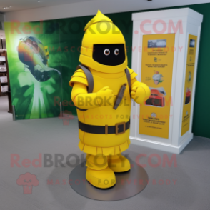 Yellow Grenade mascot costume character dressed with a Sheath Dress and Belts