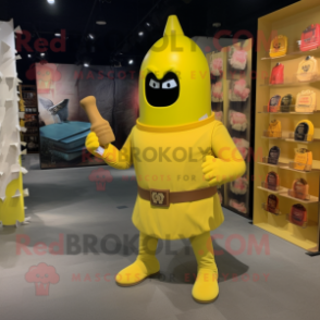 Yellow Grenade mascot costume character dressed with a Sheath Dress and Belts