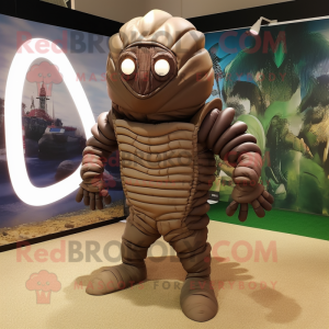Brown Trilobite mascot costume character dressed with a Rash Guard and Cummerbunds