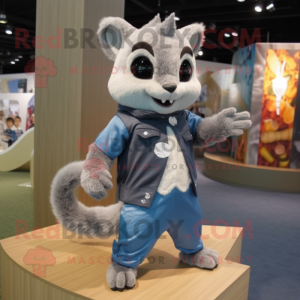 Gray Flying Squirrel mascot costume character dressed with a Jeans and Lapel pins