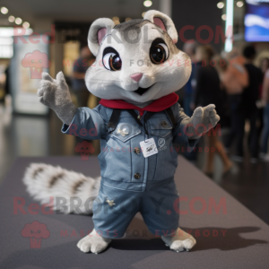 Gray Flying Squirrel mascot costume character dressed with a Jeans and Lapel pins