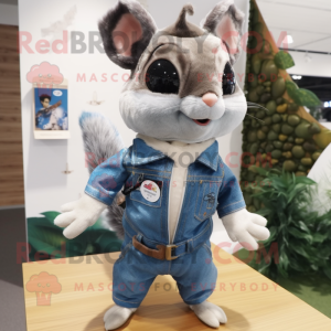 Gray Flying Squirrel mascot costume character dressed with a Jeans and Lapel pins