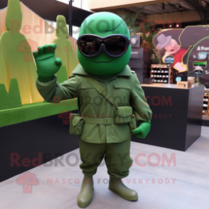 Green Commando mascot costume character dressed with a Mini Dress and Sunglasses