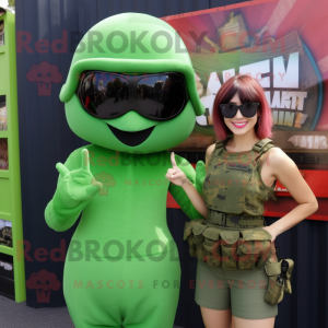 Green Commando mascot costume character dressed with a Mini Dress and Sunglasses