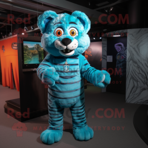 Cyan Tiger mascot costume character dressed with a Cover-up and Suspenders