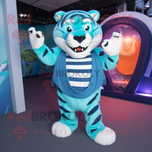 Cyan Tiger mascot costume character dressed with a Cover-up and Suspenders