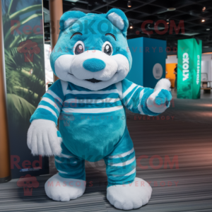 Cyan Tiger mascot costume character dressed with a Cover-up and Suspenders