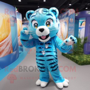 Cyan Tiger mascot costume character dressed with a Cover-up and Suspenders