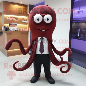 Maroon Octopus mascot costume character dressed with a Dress Shirt and Tie pins