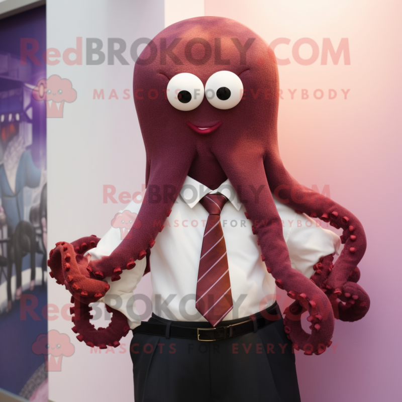 Maroon Octopus mascot costume character dressed with a Dress Shirt and Tie pins