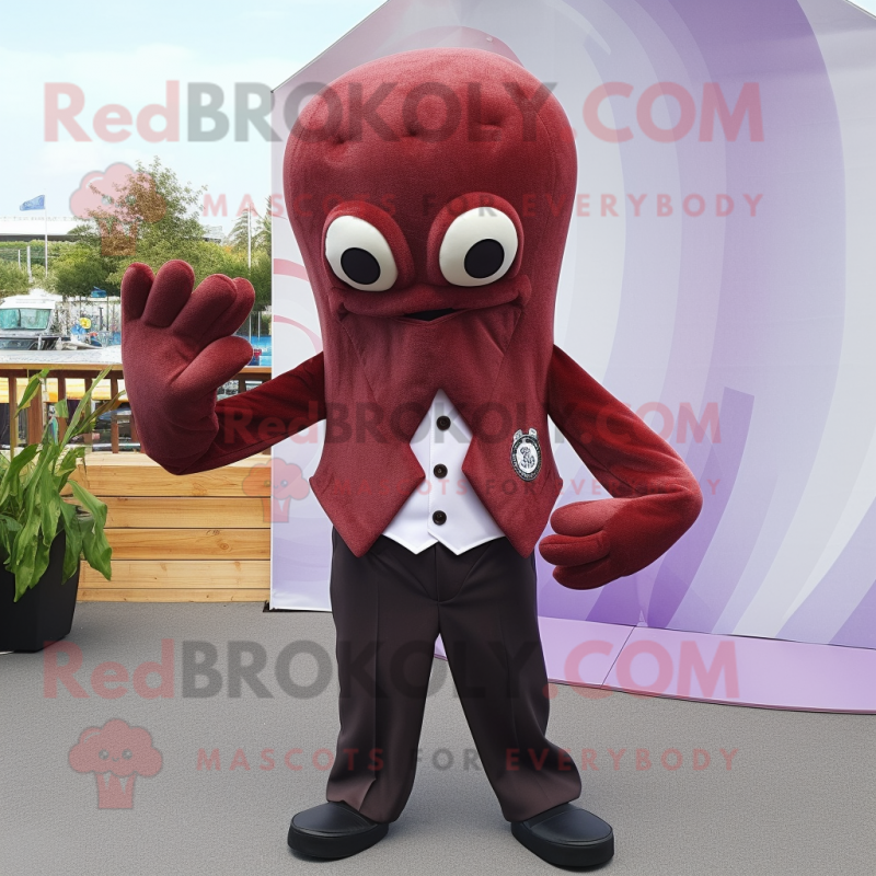 Maroon Octopus mascot costume character dressed with a Dress Shirt and Tie pins
