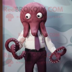 Maroon Octopus mascot costume character dressed with a Dress Shirt and Tie pins