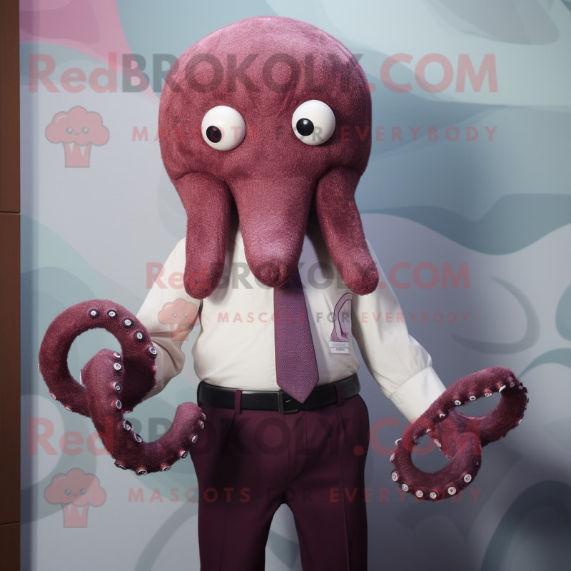 Maroon Octopus mascot costume character dressed with a Dress Shirt and Tie pins Maroon Octopus mascot costume character dressed with a Dress Shirt and Tie pins