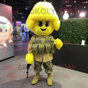 Lemon Yellow Army Soldier mascot costume character dressed with a Mini Dress and Hairpins