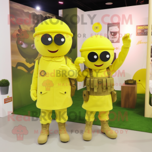 Lemon Yellow Army Soldier mascot costume character dressed with a Mini Dress and Hairpins