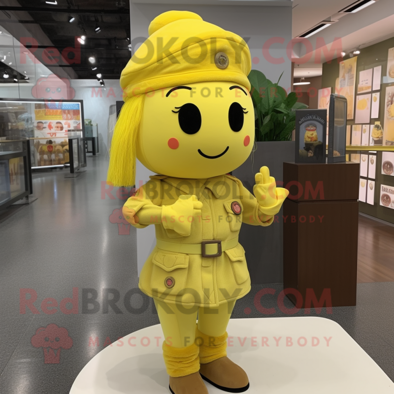 Lemon Yellow Army Soldier mascot costume character dressed with a Mini Dress and Hairpins