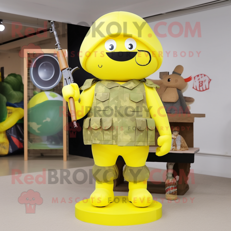 Lemon Yellow Army Soldier mascot costume character dressed with a Mini Dress and Hairpins Lemon Yellow Army Soldier mascot costume character dressed with a Mini Dress and Hairpins