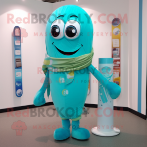 Turquoise Champagne mascot costume character dressed with a Playsuit and Scarf clips