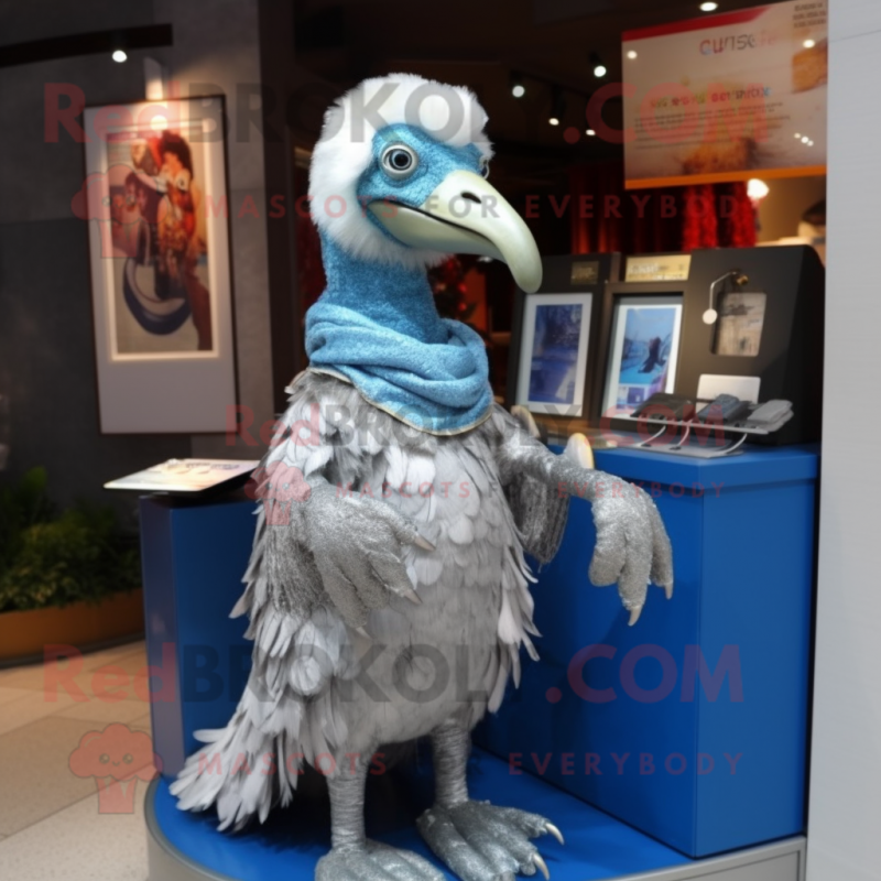 Silver Dodo Bird mascot costume character dressed with a Flare Jeans and Scarves