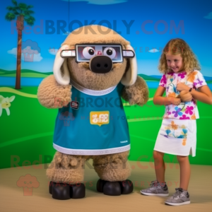 Tan Suffolk Sheep mascot costume character dressed with a Bikini and Digital watches