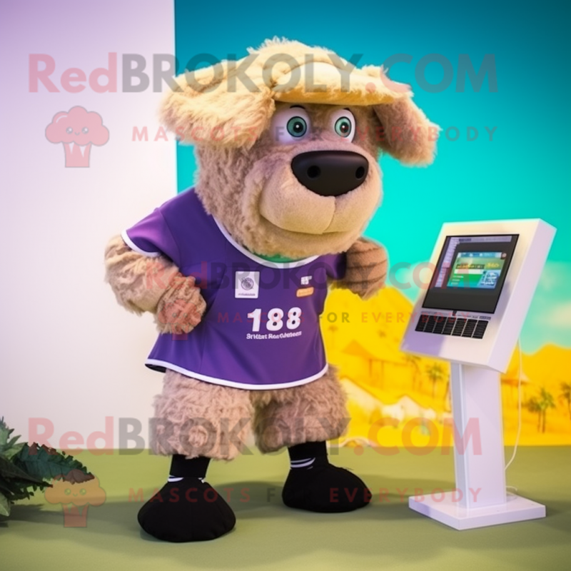 Tan Suffolk Sheep mascot costume character dressed with a Bikini and Digital watches Tan Suffolk Sheep mascot costume character dressed with a Bikini and Digital watches
