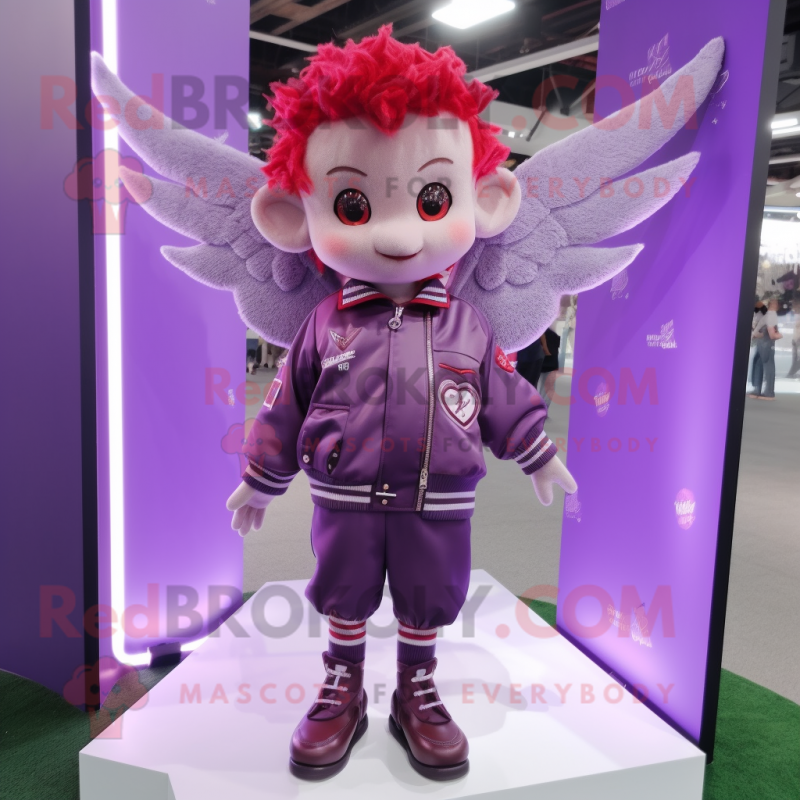 Purple Cupid mascot costume character dressed with a Bomber Jacket and Hairpins Purple Cupid mascot costume character dressed with a Bomber Jacket and Hairpins
