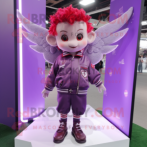 Purple Cupid mascot costume character dressed with a Bomber Jacket and Hairpins